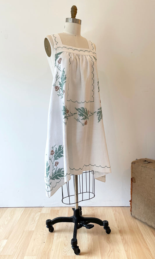 Vintage Linen Tablecloth Dress with Embroidered Oak Leaves & Acorns