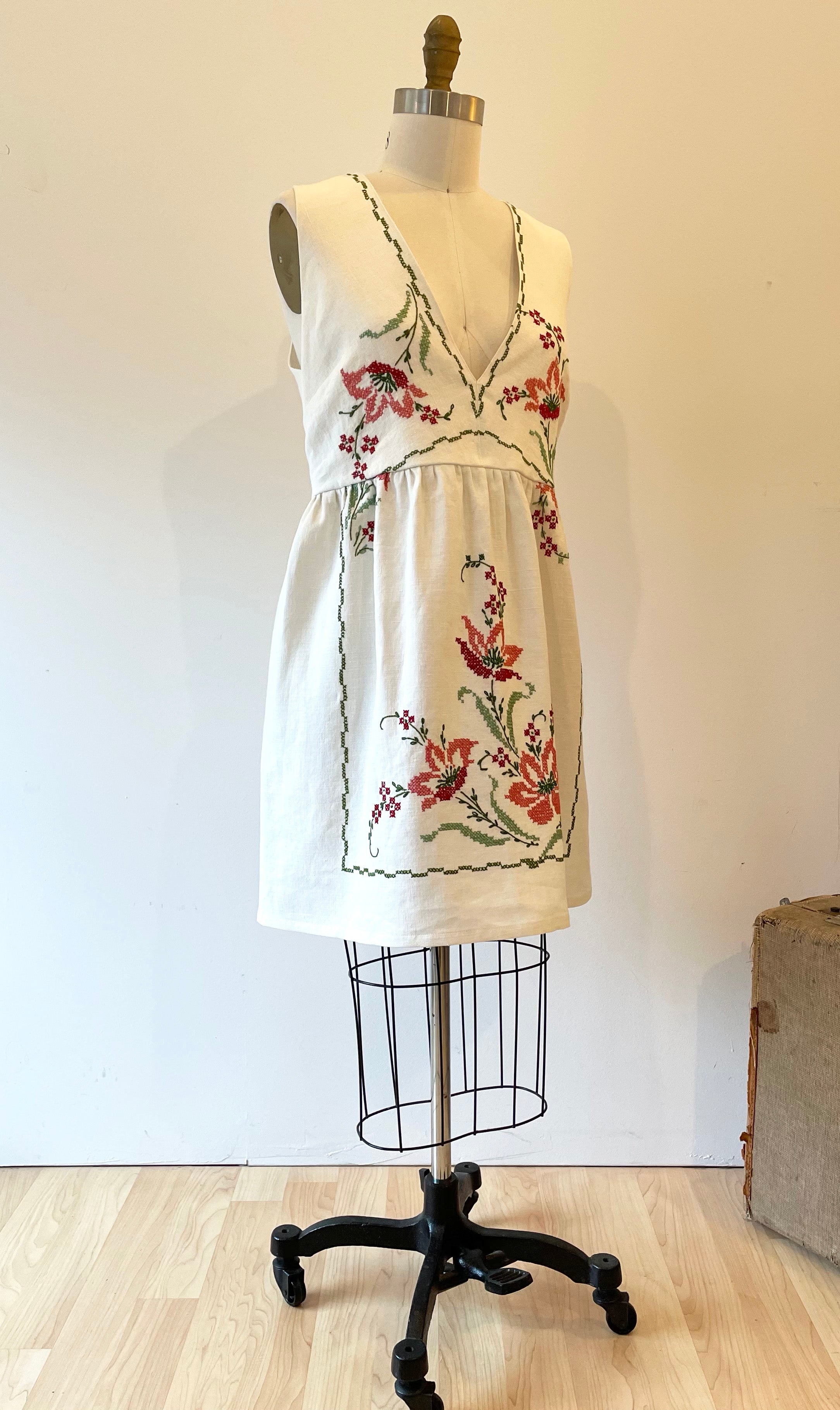 Upcycled Vintage Tablecloth Dress With Red Pink Floral Emrboidery upcycled-vintage-tablecloth-dress-with-red-pink-floral-emrboidery