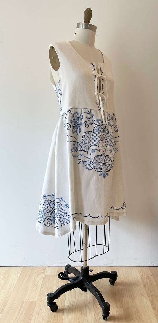 *Equinox Tie Front Dress* ~ Navy & Cornflower Blue, Embroidered Linen Tablecloth Dress ~ Size Medium