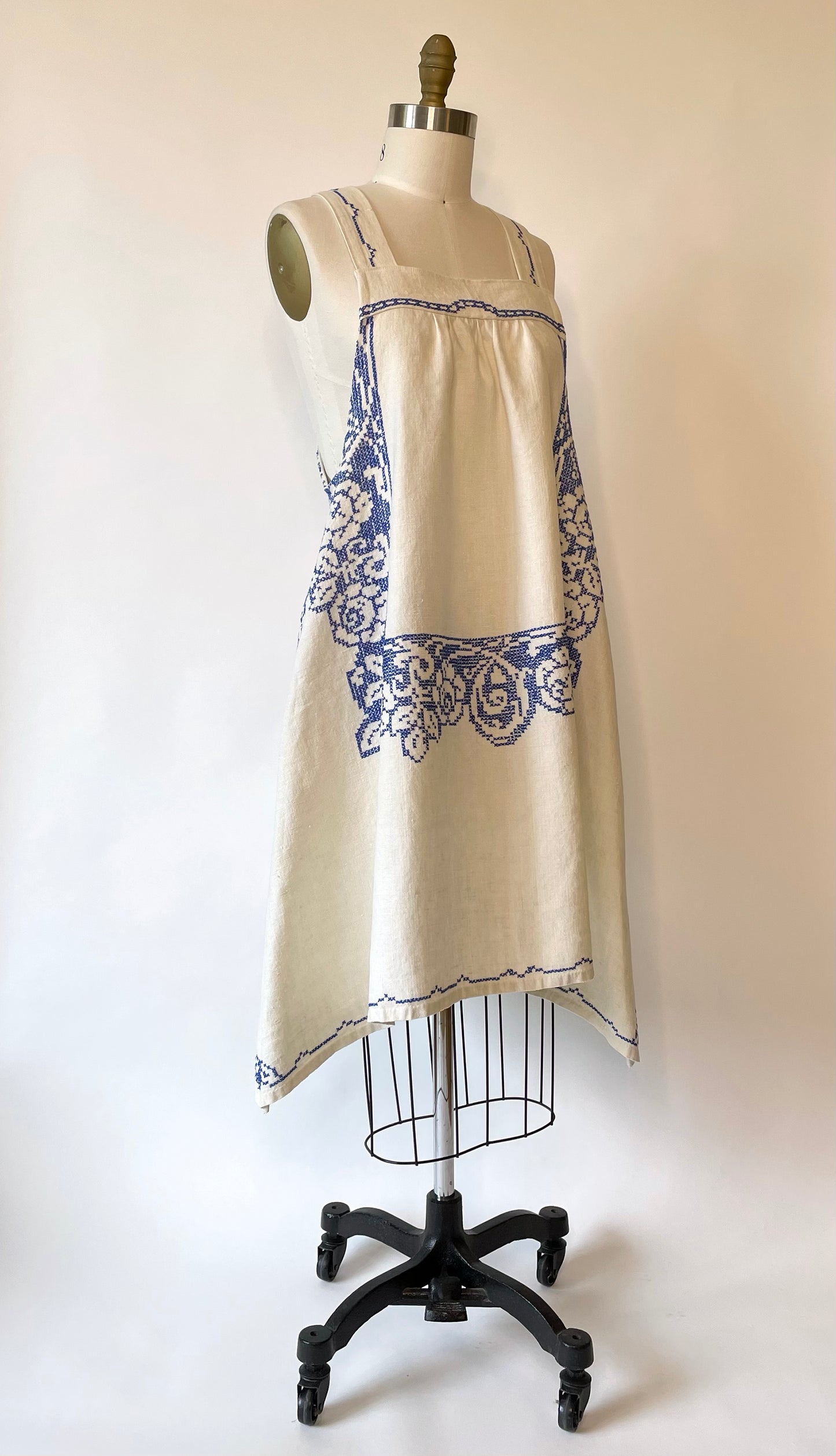 *Indigo Blue* ~ Hand Embroidered Vintage Linen Tablecloth Dress ~ Size S