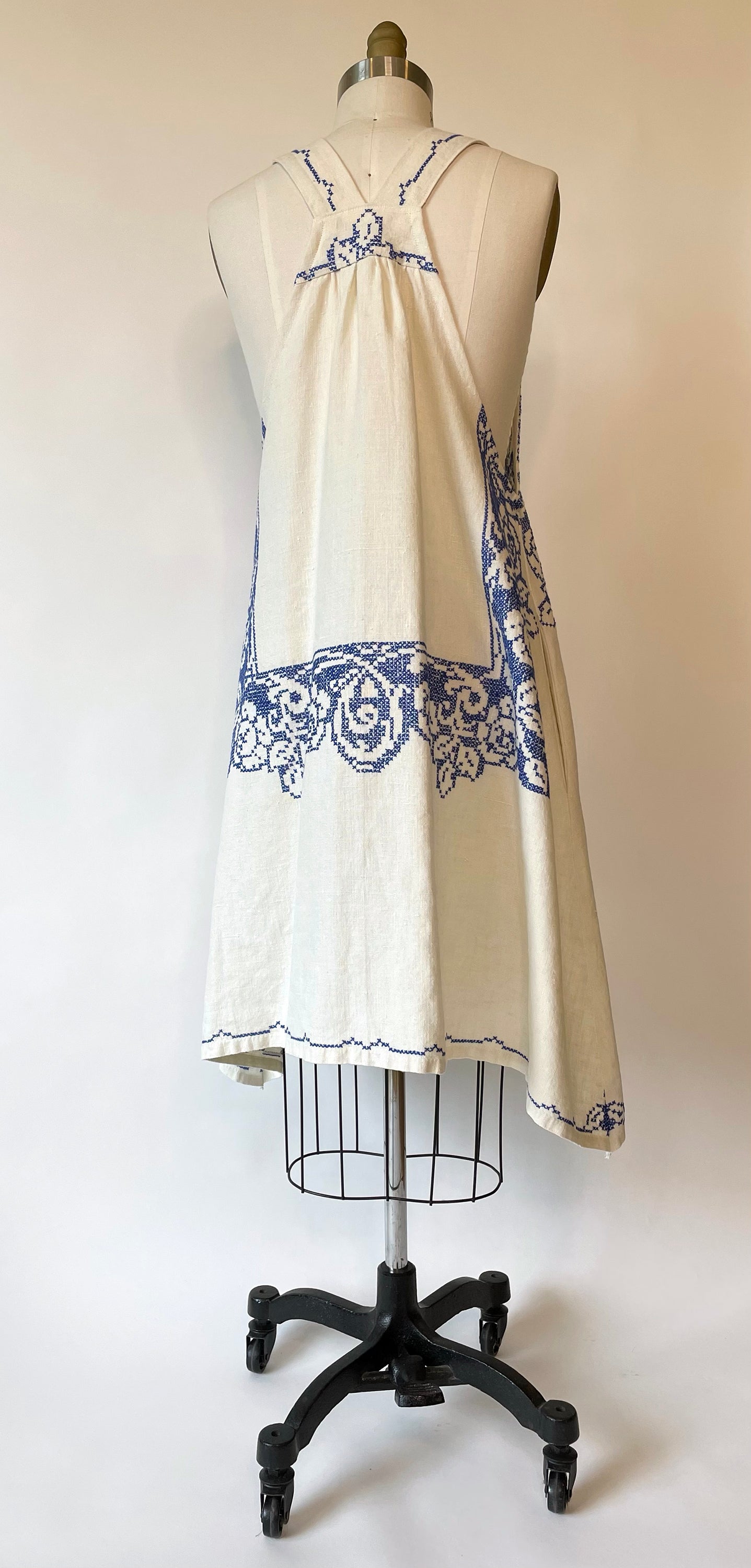 *Indigo Blue* ~ Hand Embroidered Vintage Linen Tablecloth Dress ~ Size S