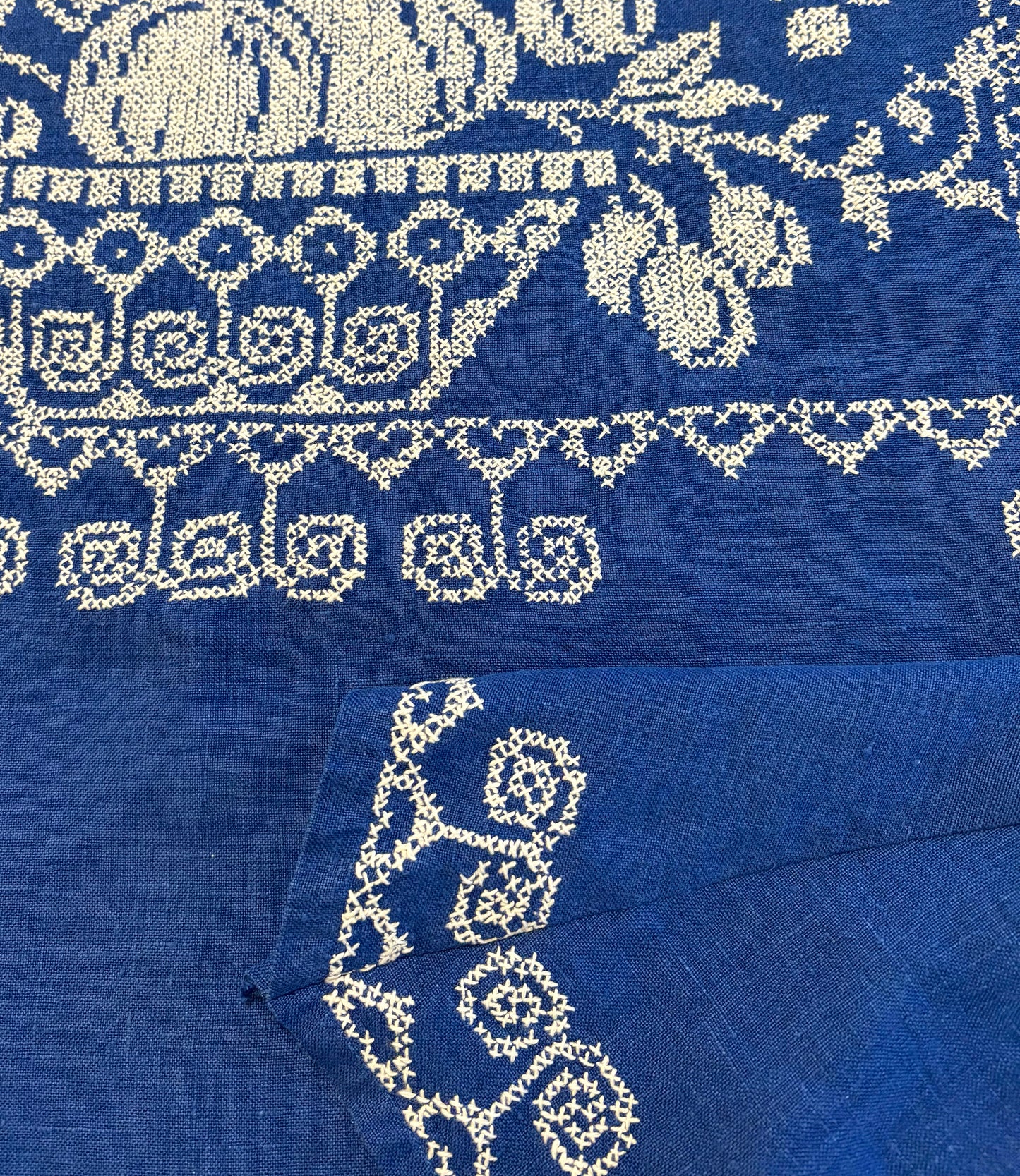 *Harvest Festival* ~ Indigo Blue Vintage Hand Embroidered Linen Tablecloth Dress ~ Size S