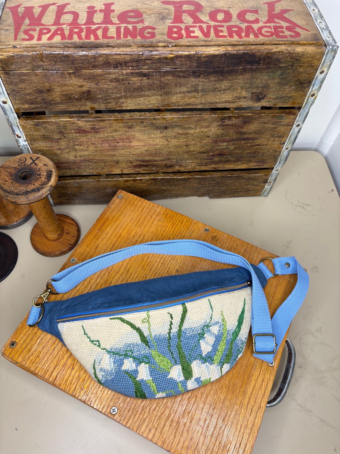 *Lily of the Valley #2* ~ Vintage Hand Stitched Needlepoint Crossbody/Fanny Pack/Bum Bag