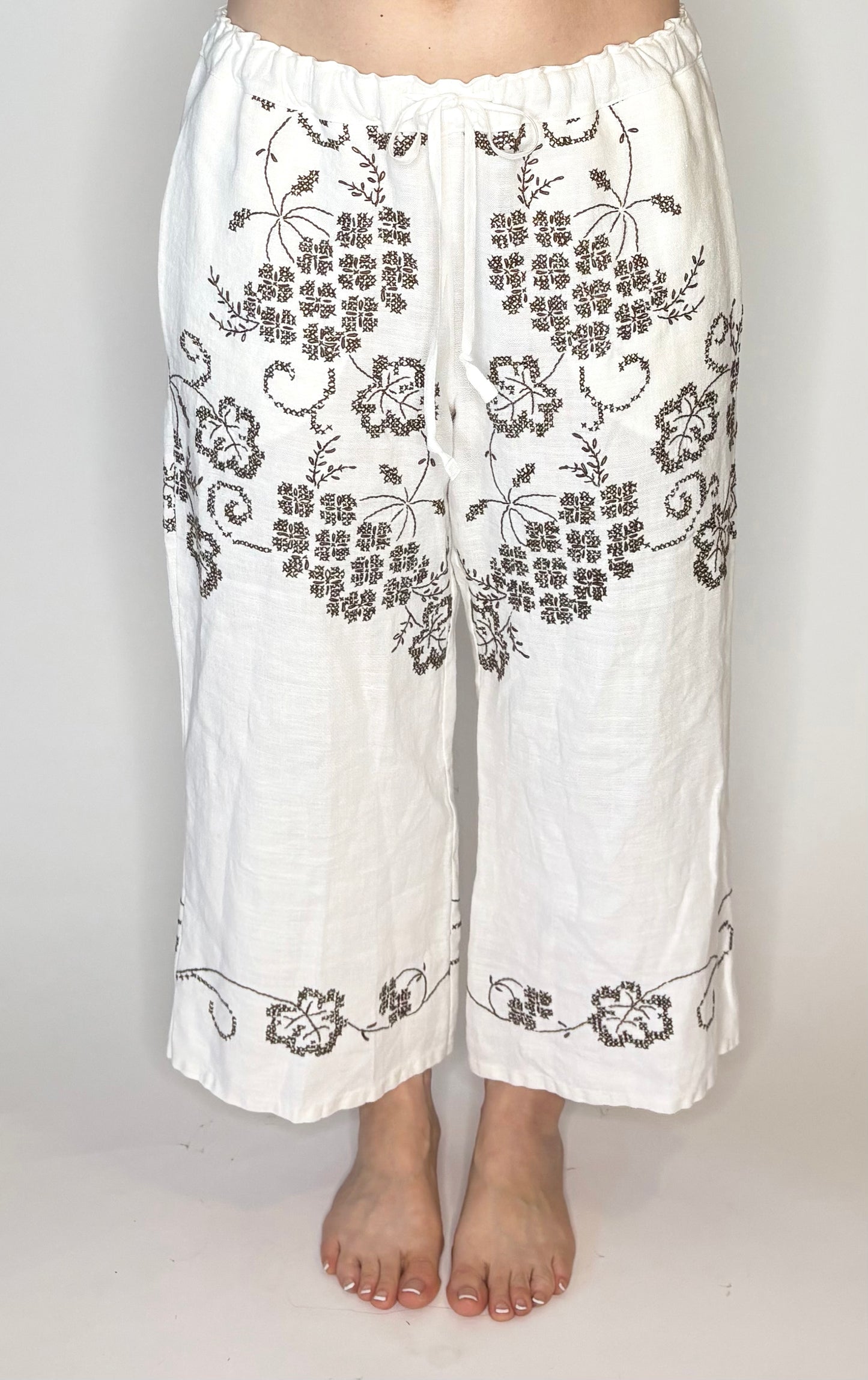 *SAMPLE* ~ Vintage Hand Embroidered Linen Tablecloth Pants ~ Size S/M