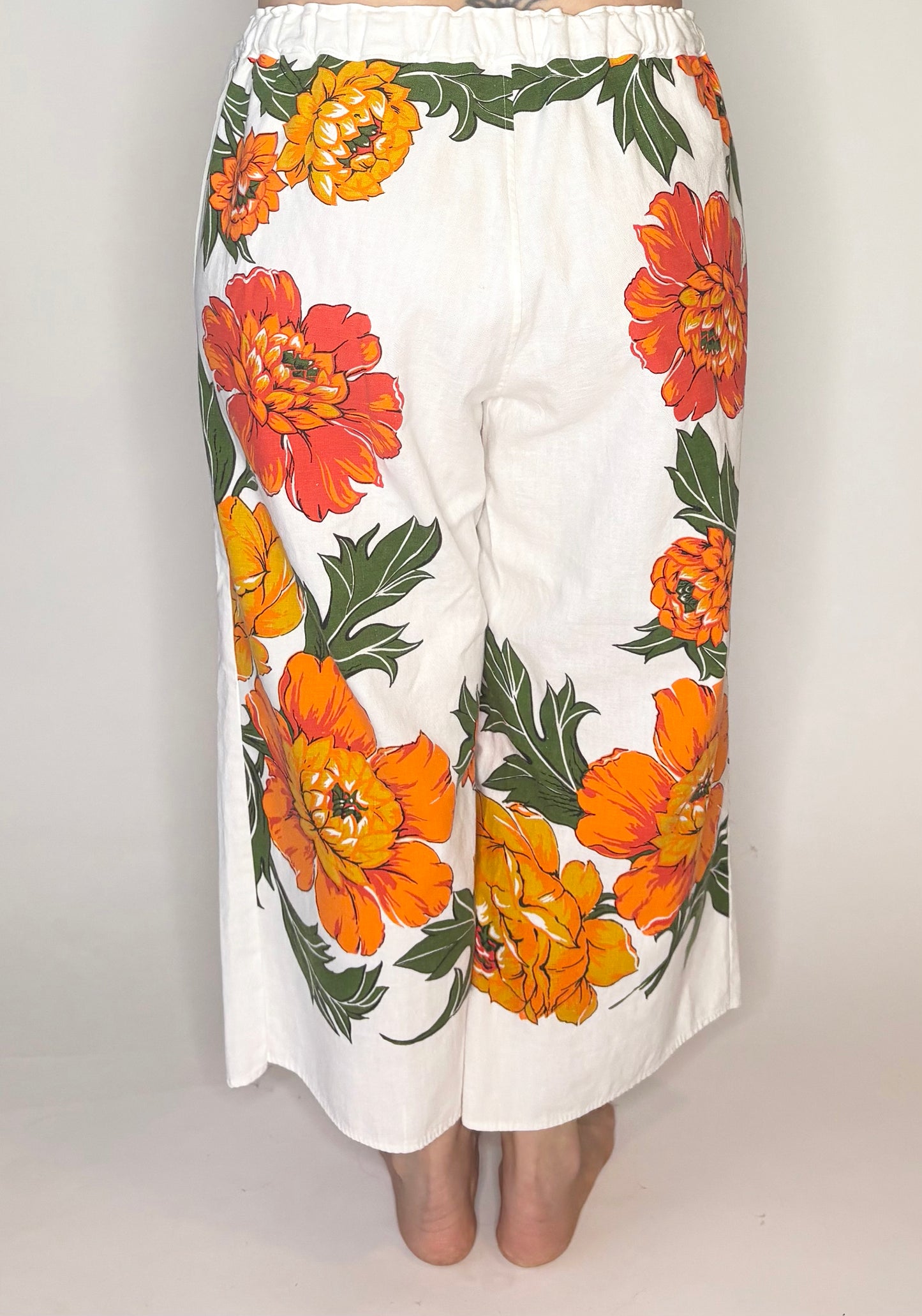 *Brilliant Orange Floral* Vintage Tablecloth Pants - M