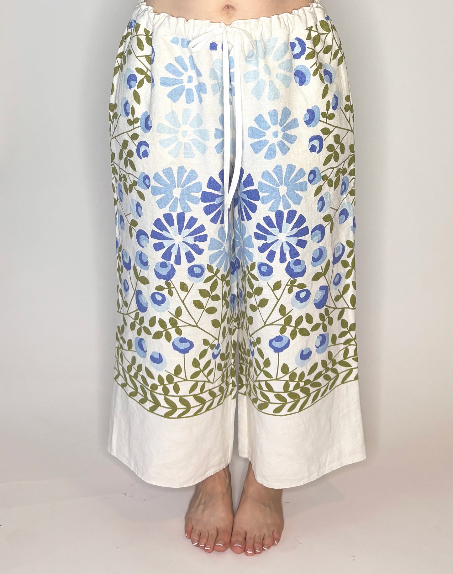 Gorgeous Cornflower Blue & Moss Green Vintage Linen Tablecloth Pants - L/XL