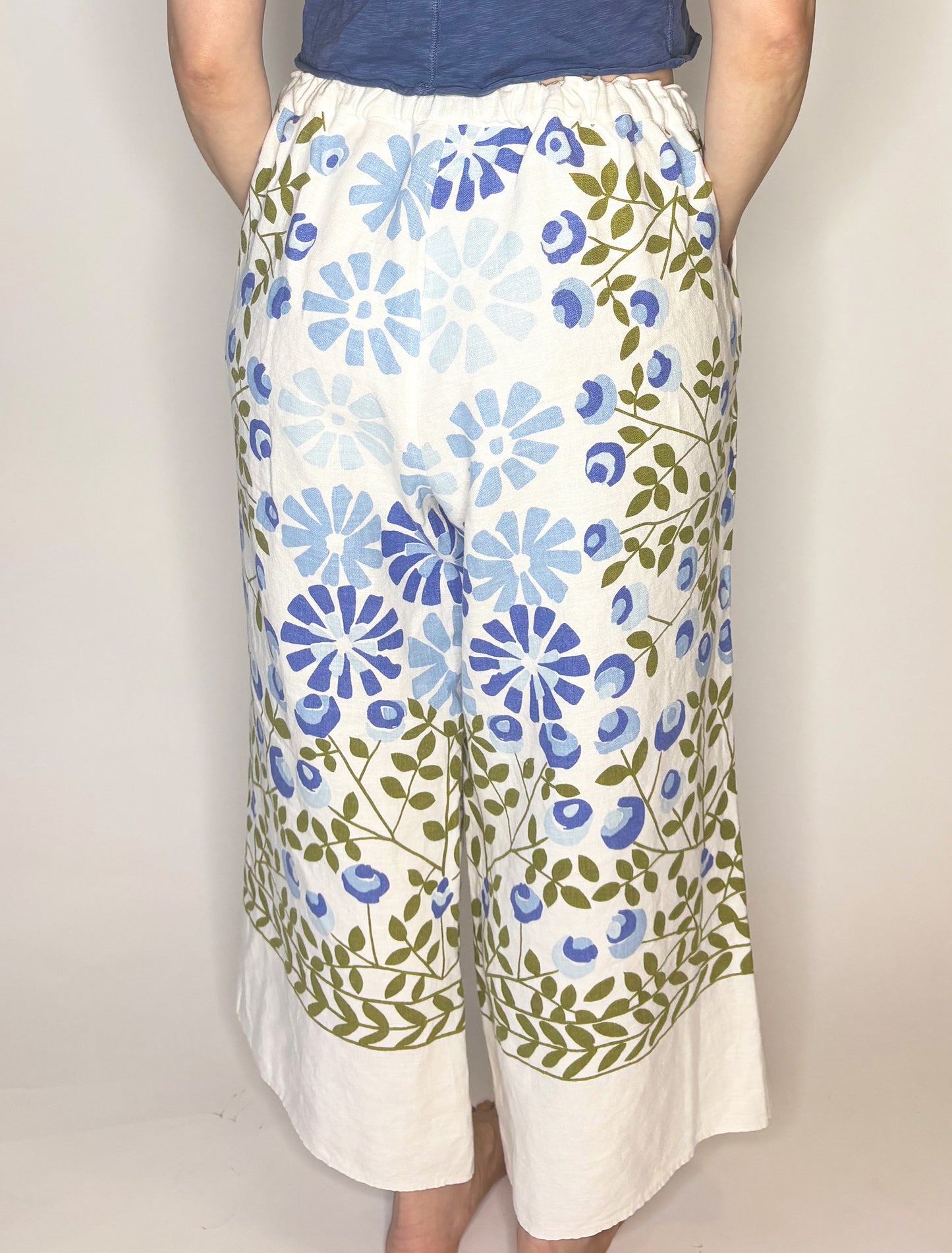Gorgeous Cornflower Blue & Moss Green Vintage Linen Tablecloth Pants - L/XL