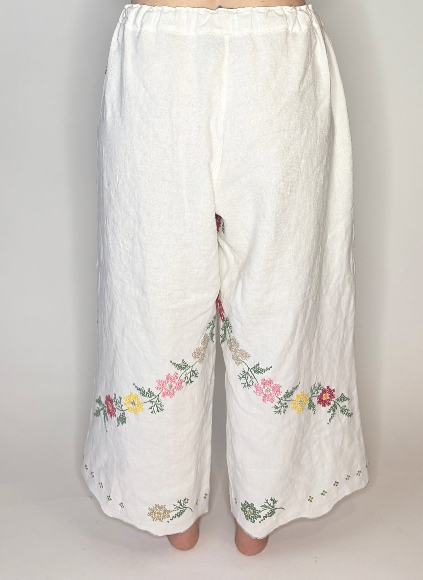 *Fall Floral* Vintage Hand Embroidered Vintage Linen Tablecloth Pants - XL