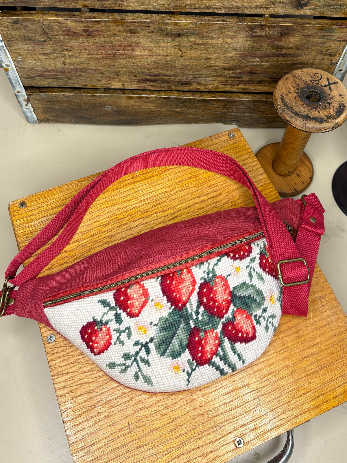 *Sweet Strawberry* ~ Vintage Hand Stitched Needlepoint Crossbody/Fanny Pack/Bum Bag