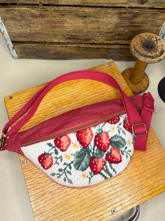 *Sweet Strawberry* ~ Vintage Hand Stitched Needlepoint Crossbody/Fanny Pack/Bum Bag