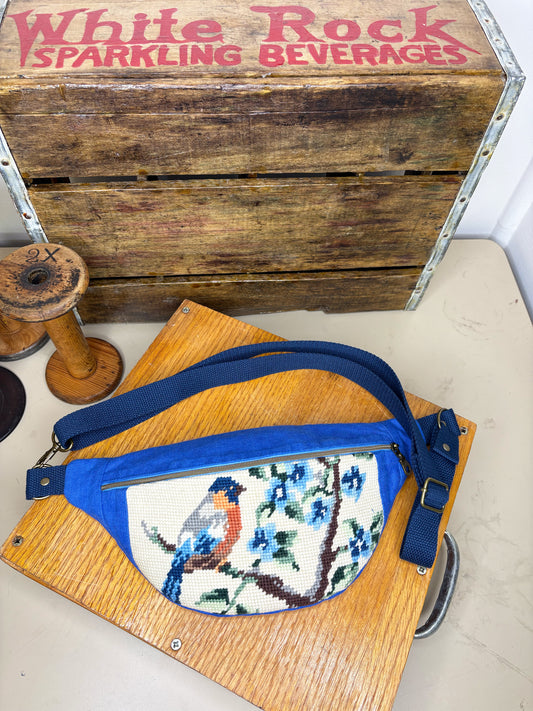 *Eastern Bluebird #1* ~ Vintage Hand Stitched Needlepoint Crossbody/Fanny Pack/Bum Bag