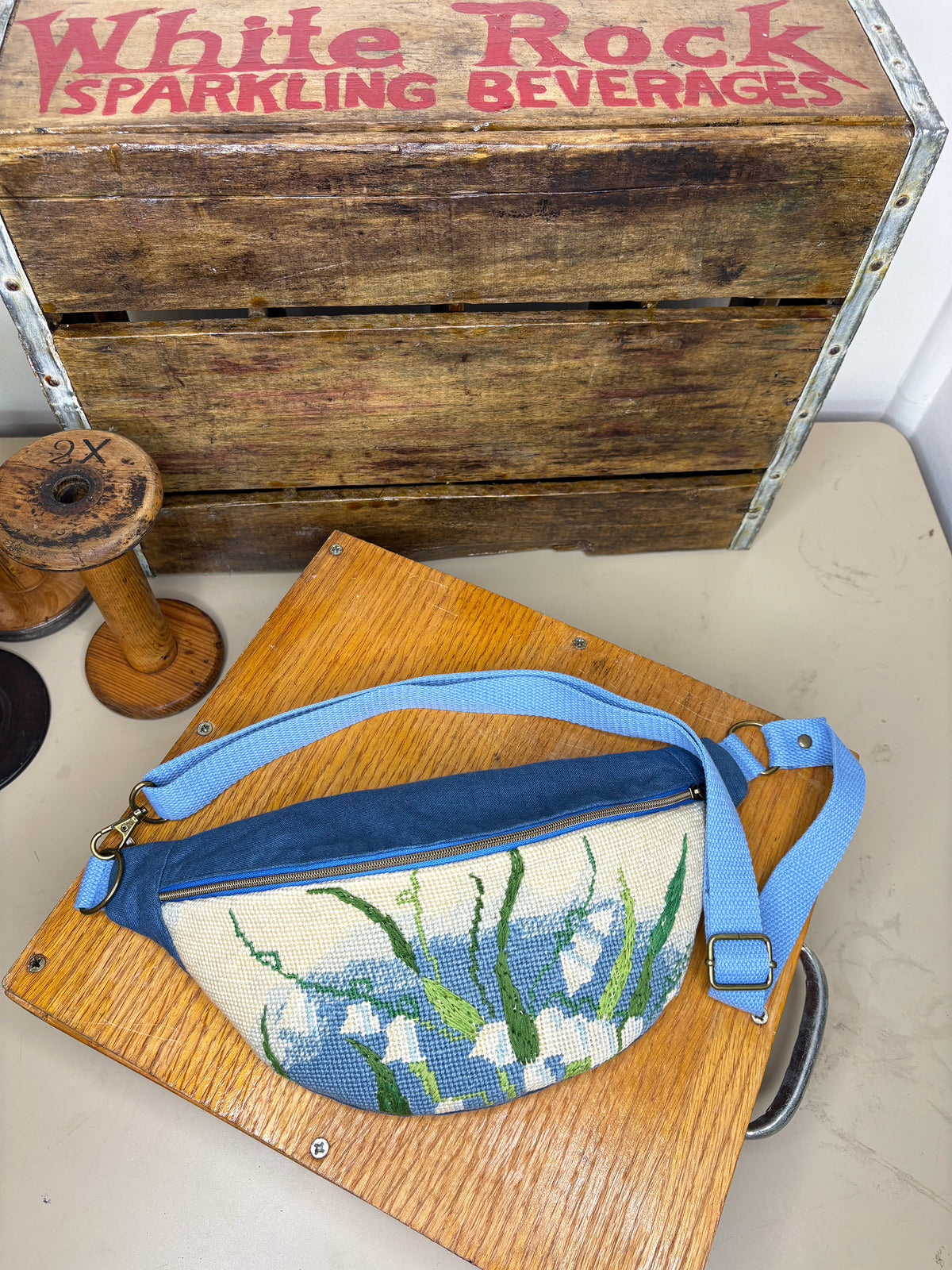 *Lily of the Valley #2* ~ Vintage Hand Stitched Needlepoint Crossbody/Fanny Pack/Bum Bag