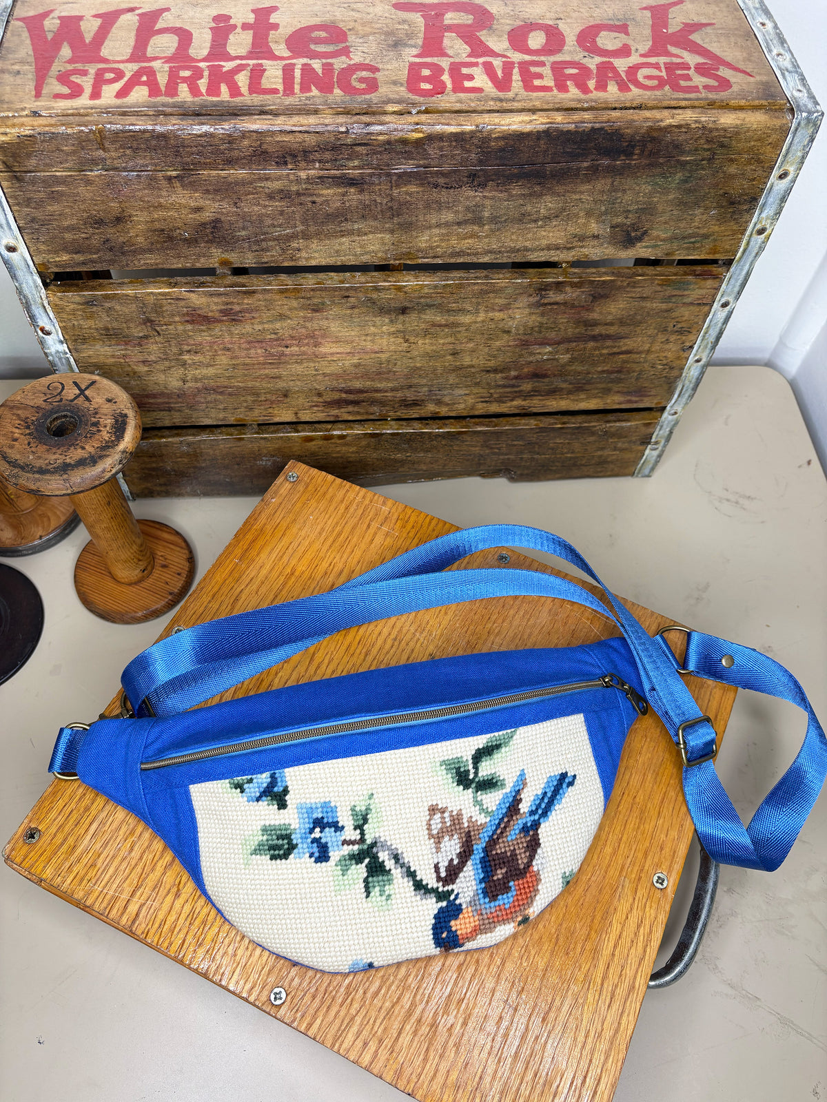 *Eastern Bluebird #2* ~ Vintage Hand Stitched Needlepoint Crossbody/Fanny Pack/Bum Bag