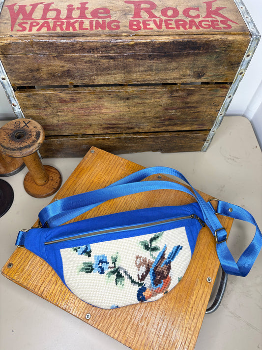 *Eastern Bluebird #2* ~ Vintage Hand Stitched Needlepoint Crossbody/Fanny Pack/Bum Bag
