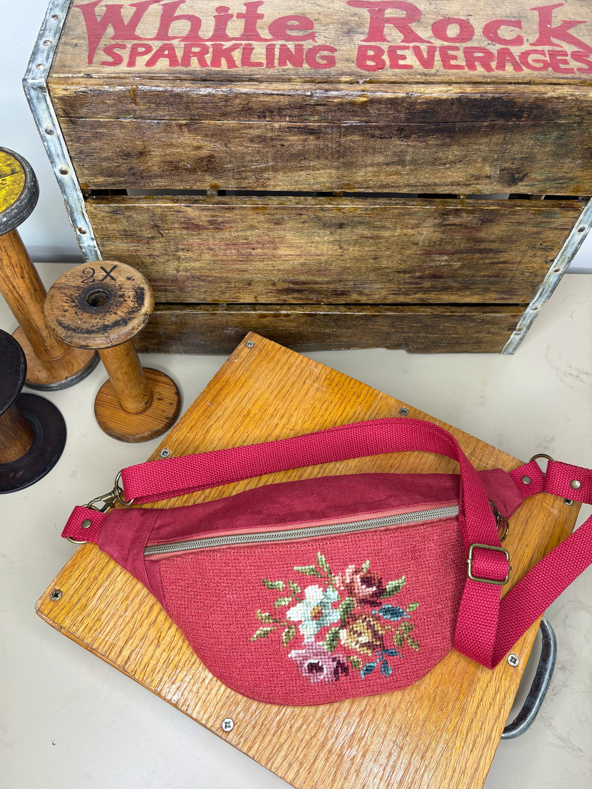 *Cherry Red Floral* ~ Vintage Hand Stitched Needlepoint Crossbody/Fanny Pack/Bum Bag