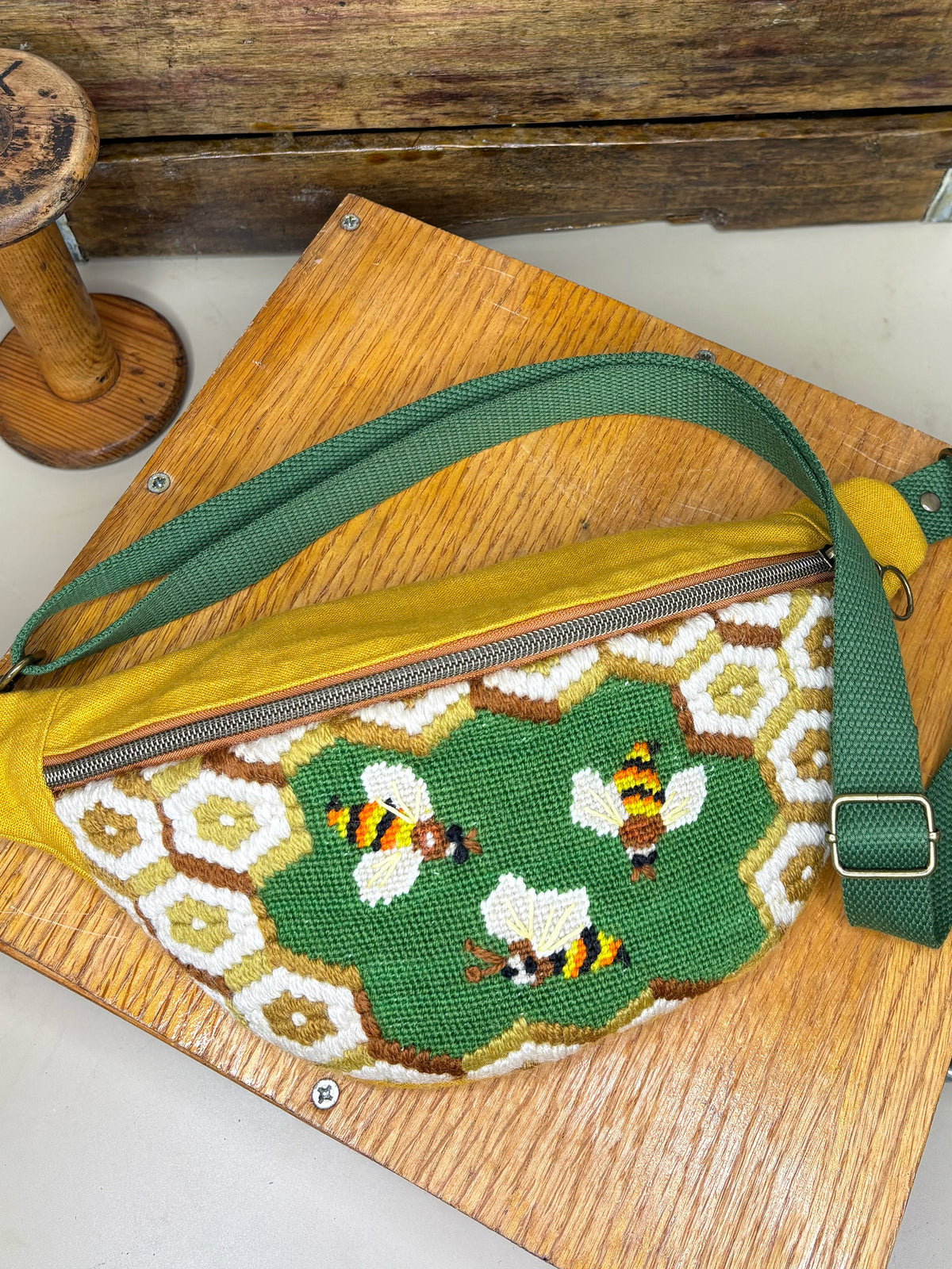 *Honeybee* ~ Vintage Hand Stitched Needlepoint Crossbody/Fanny Pack/Bum Bag