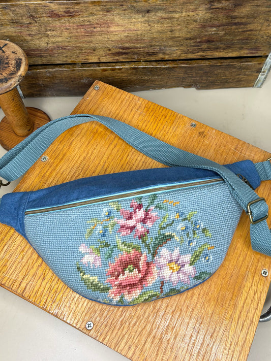 *Field of Flowers* ~ Vintage Hand Stitched Needlepoint Crossbody/Fanny Pack/Bum Bag