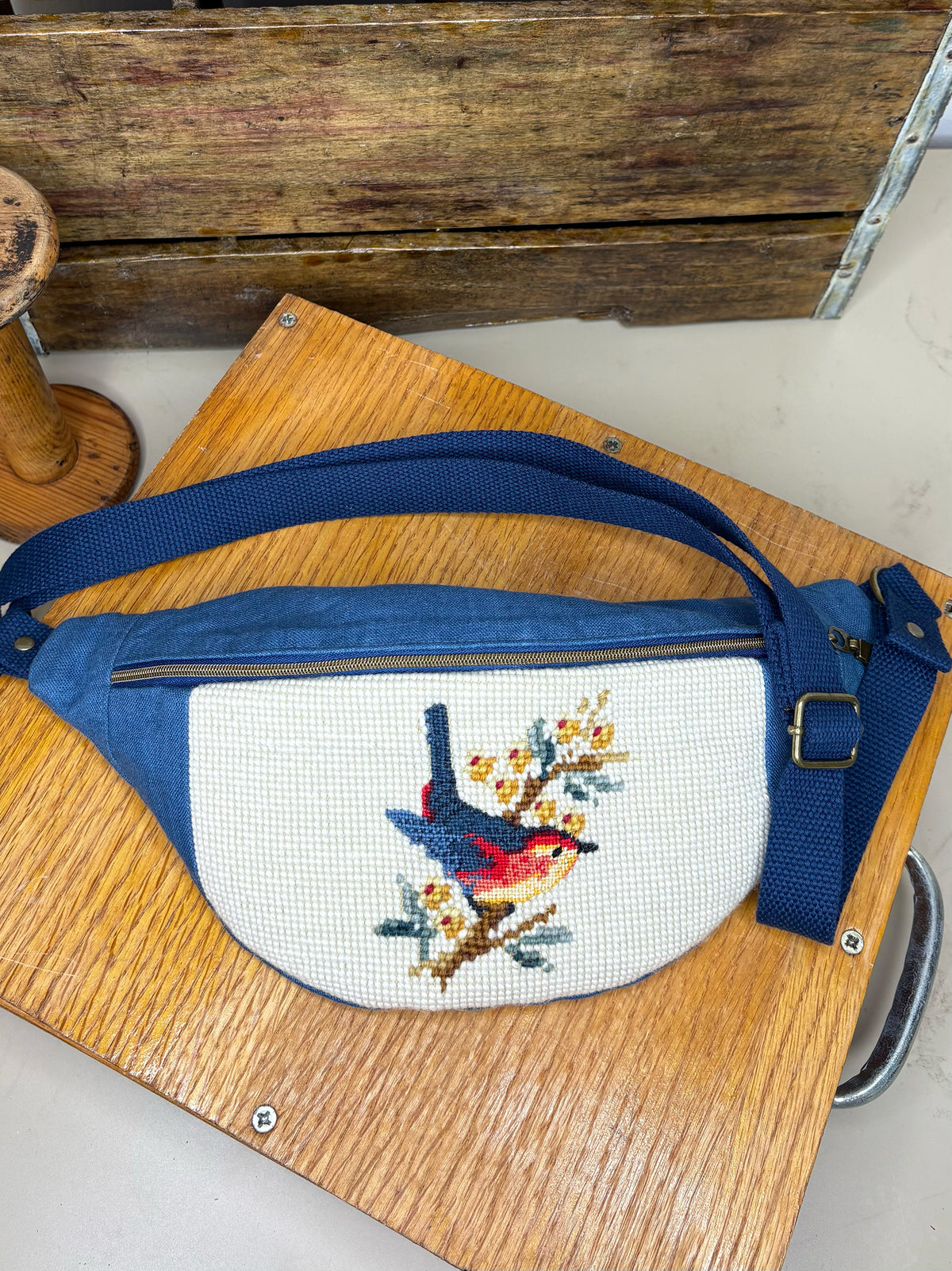 *Songbird* ~ Vintage Hand Stitched Needlepoint Crossbody/Fanny Pack/Bum Bag