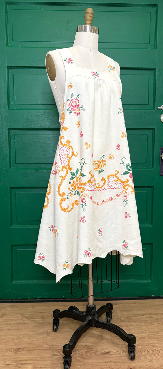 *Tropical Swirl* ~ Vintage Hand Embroidered Linen Tablecloth Dress ~ S
