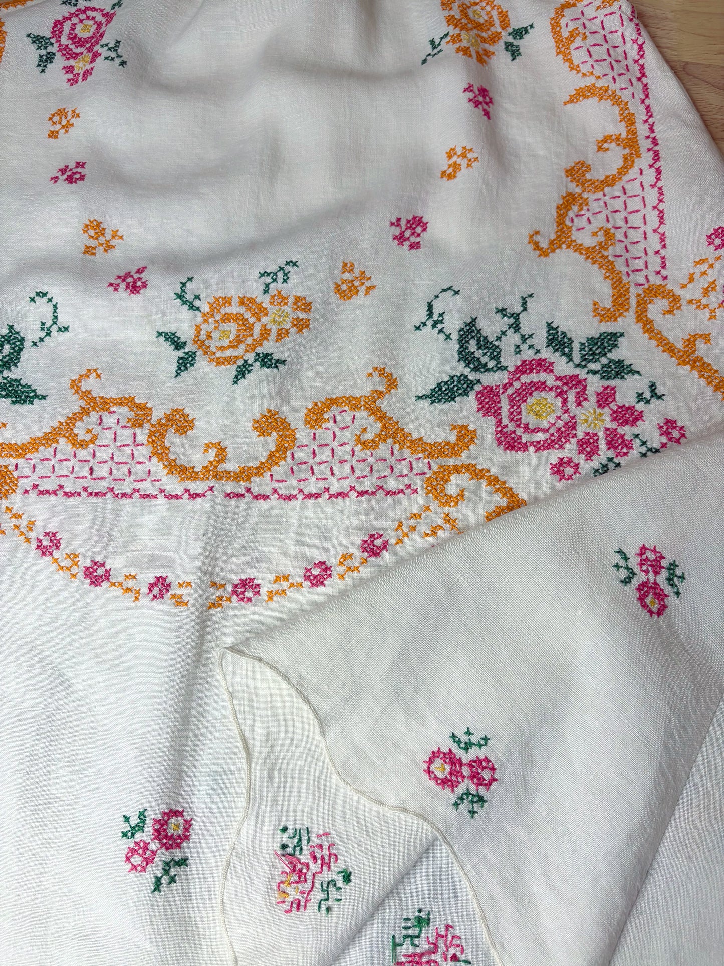 *Tropical Swirl* ~ Vintage Hand Embroidered Linen Tablecloth Dress ~ S