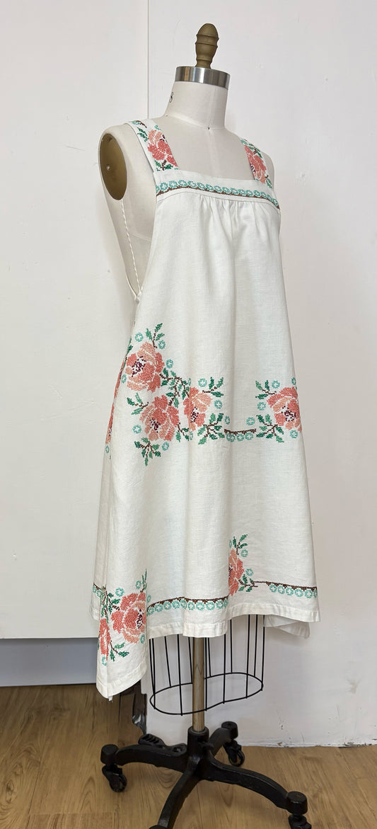 *Wild Roses* ~ Vintage Hand Embroidered Linen Tablecloth Dress ~ S