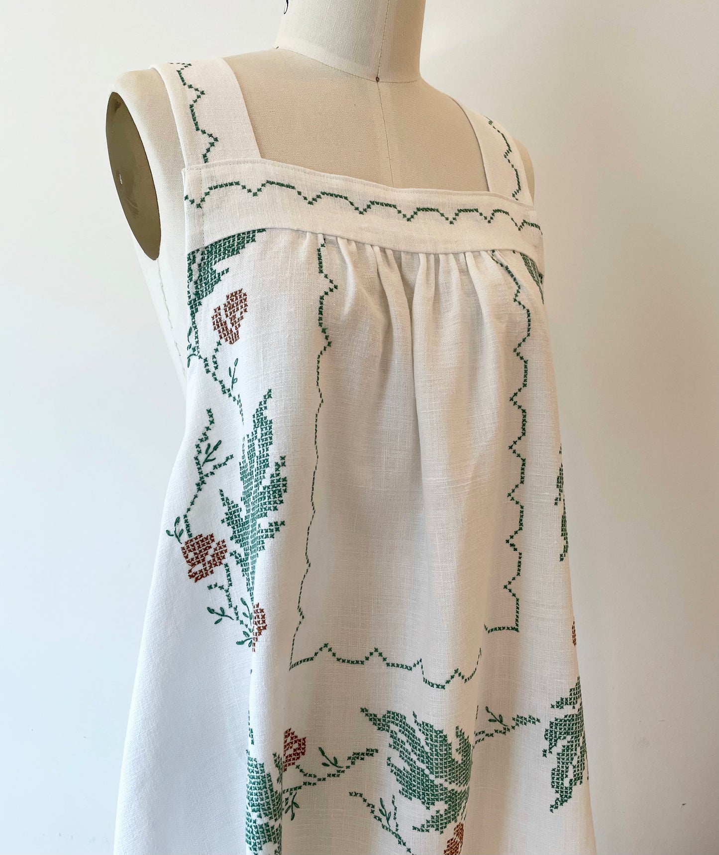 Vintage Linen Tablecloth Dress with Embroidered Oak Leaves & Acorns