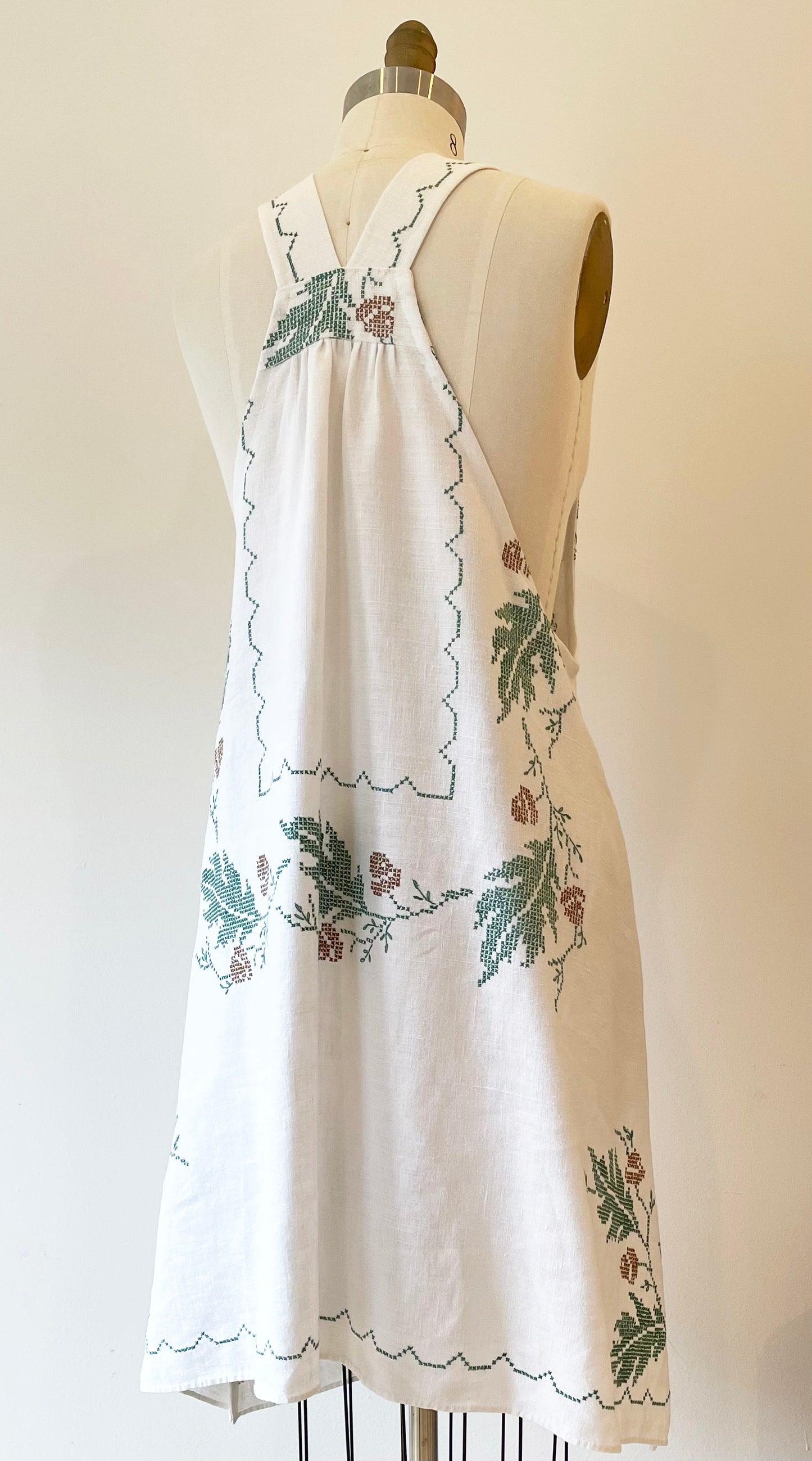 Vintage Linen Tablecloth Dress with Embroidered Oak Leaves & Acorns