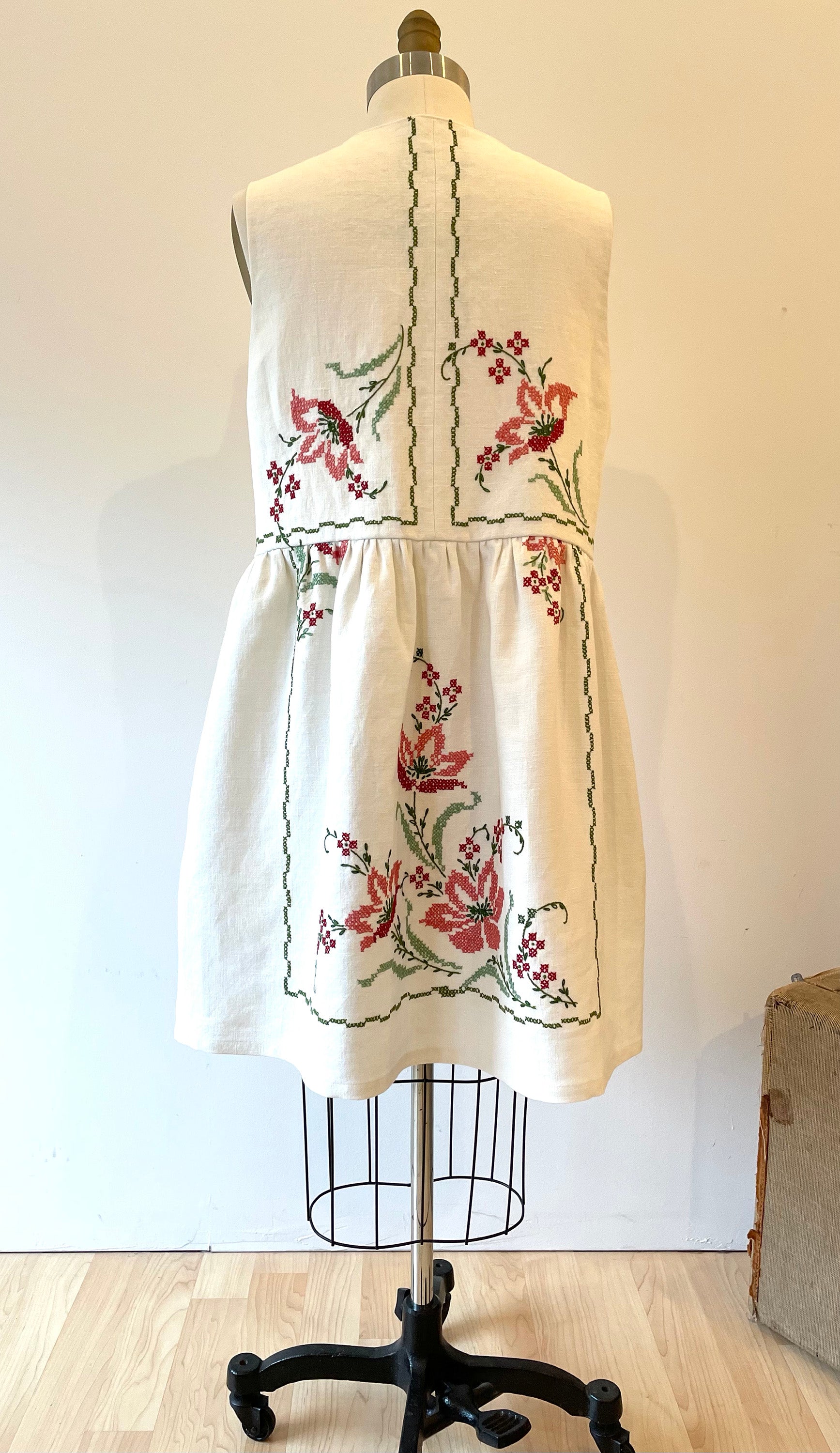 Upcycled Vintage Tablecloth Dress with Red & Pink Floral Emrboidery   Folkstead