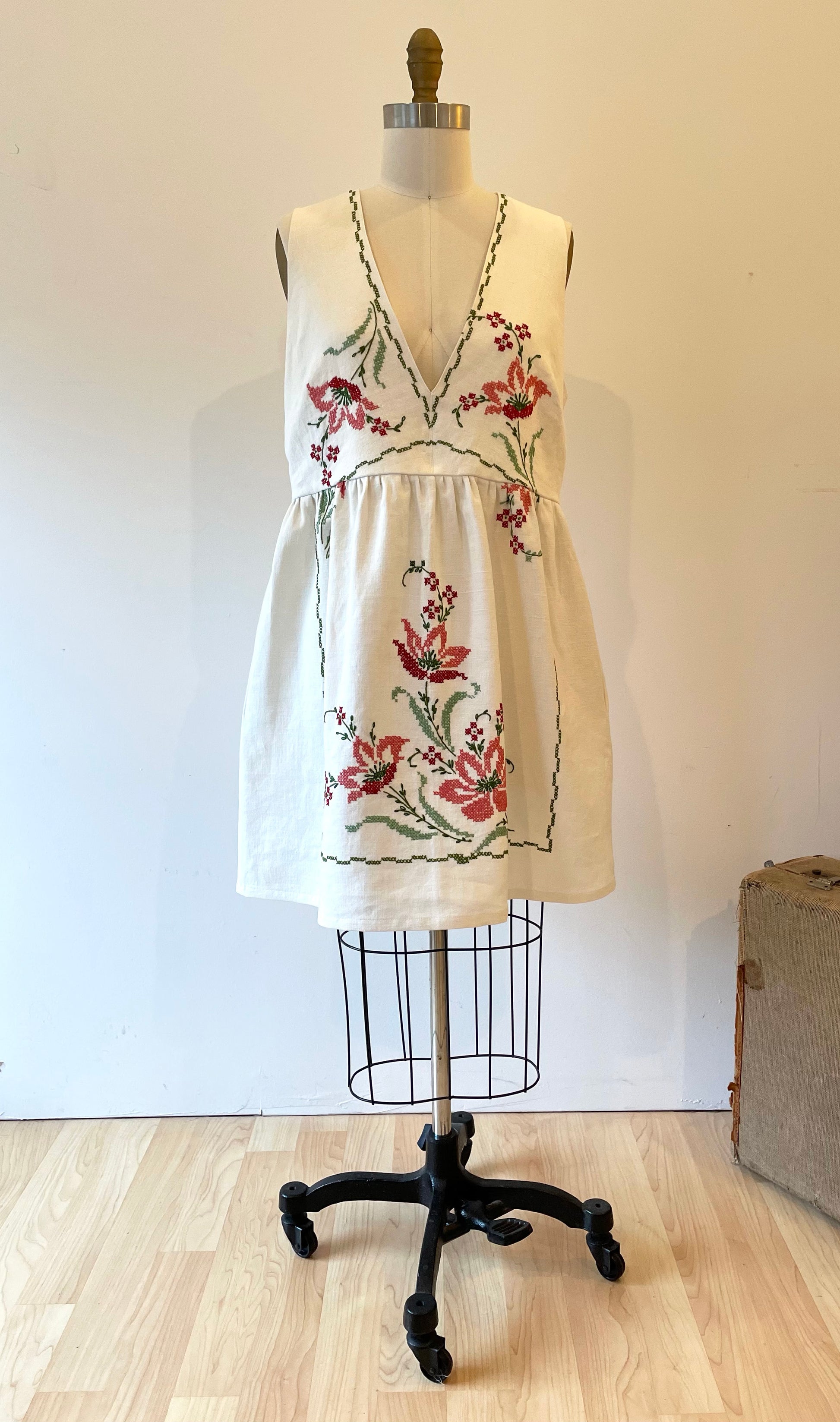 Upcycled Vintage Tablecloth Dress with Red & Pink Floral Emrboidery Folkstead Upcycled Vintage Tablecloth Dress with Red & Pink Floral Emrboidery Folkstead