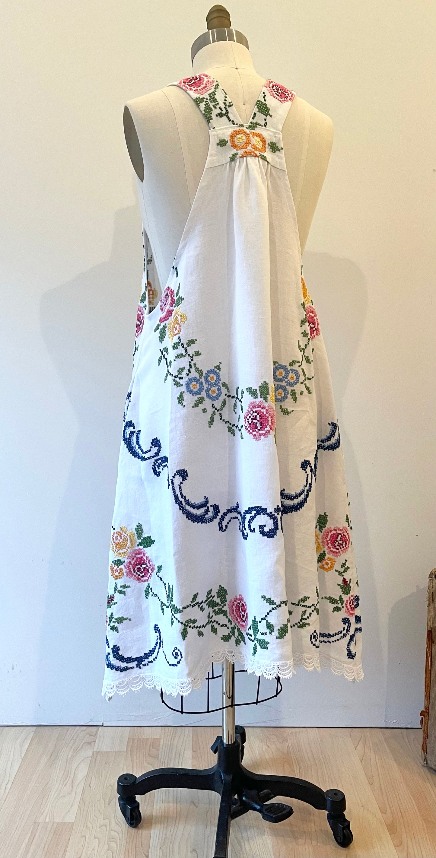 Vintage Linen Tablecloth Dress ~ Cottage Garden Embroidery