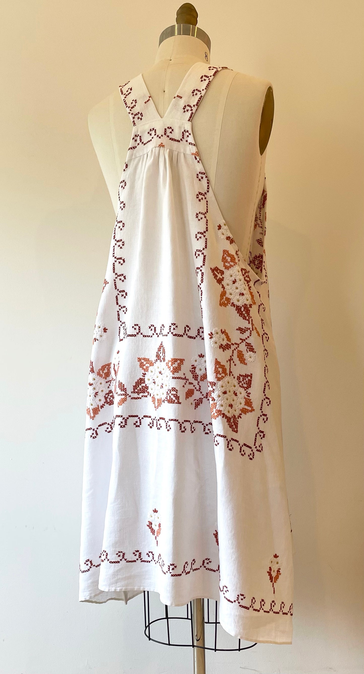 Vintage Tablecloth Dress ~ Earth Tones on Pale Parchment Linen - Size XL