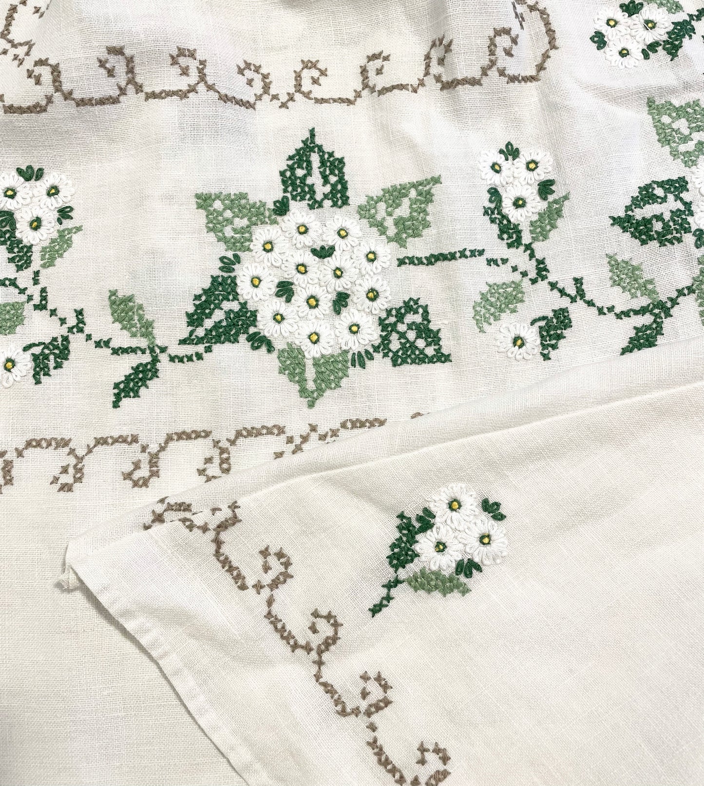 Vintage Linen Tablecloth Dress ~ Embroidered w/ Daisies & Eucalyptus Green Leaves ~ XL