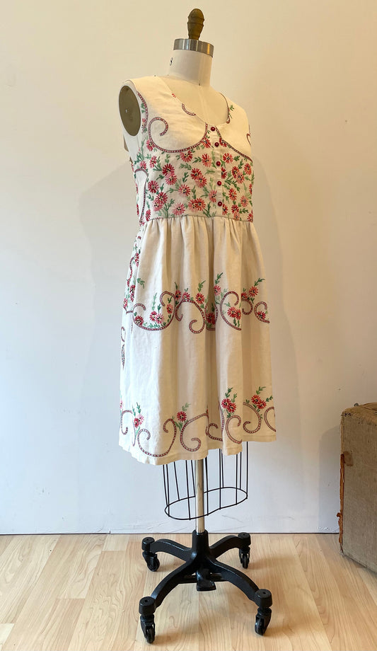 Vintage Linen Tablecloth Dress ~ Embroidered w/ Coral & Poppy Red Flowers ~ Tiny Red Buttons ~ Size M/L