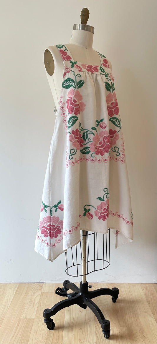 *Peony Pink Perfection* ~ Hand Embroidered Vintage Linen Tablecloth Dress ~ Size Small