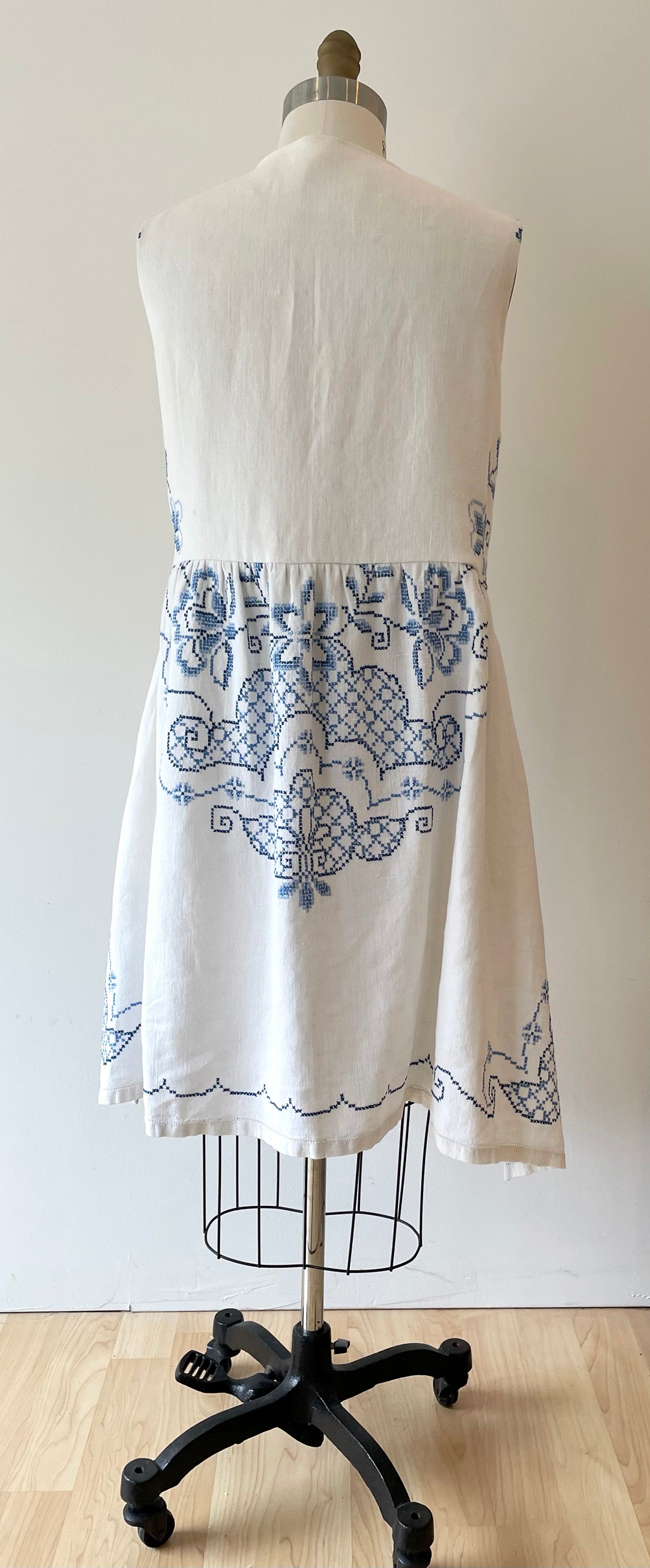 *Equinox Tie Front Dress* ~ Navy & Cornflower Blue, Embroidered Linen Tablecloth Dress ~ Size Medium