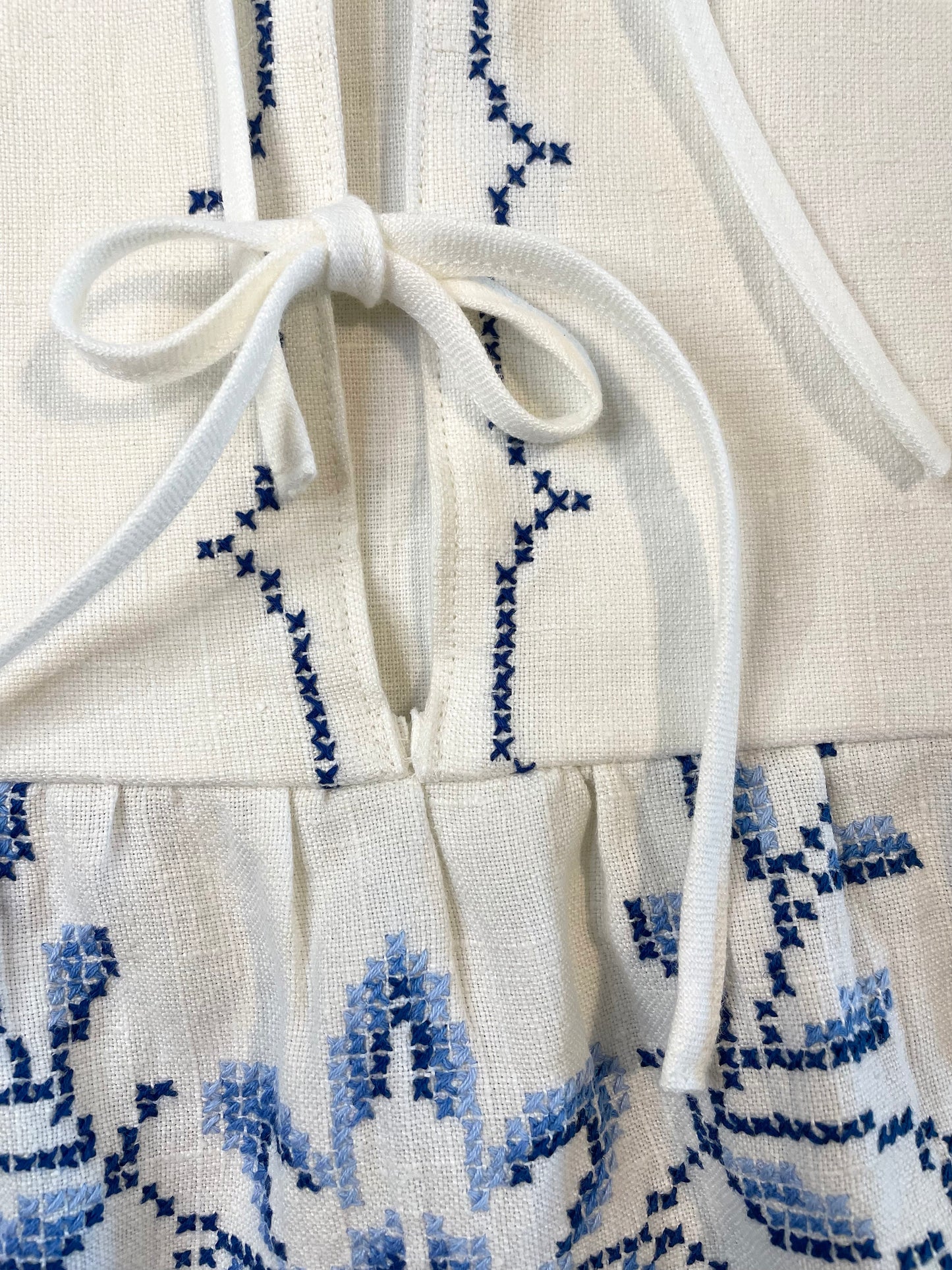 *Equinox Tie Front Dress* ~ Navy & Cornflower Blue, Embroidered Linen Tablecloth Dress ~ Size Medium