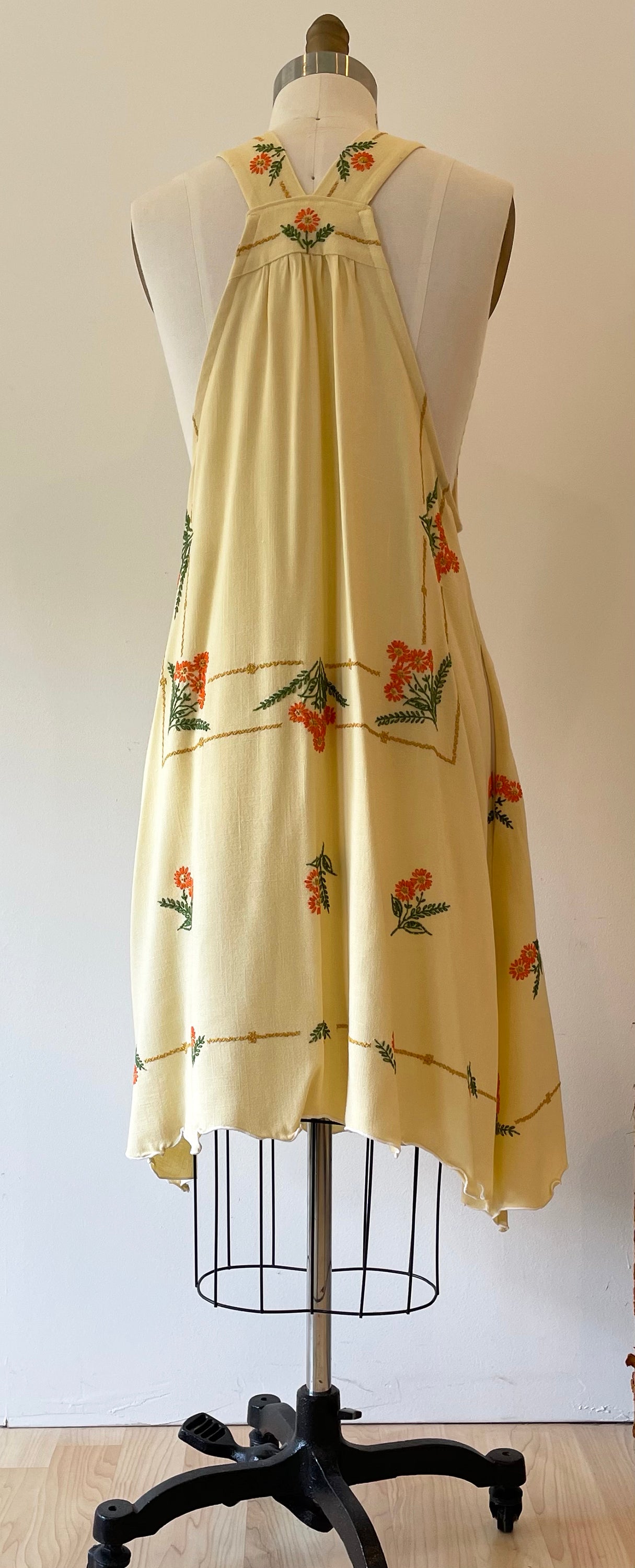 *Ray of Sunshine* ~ Hand Embroidered Vintage Tablecloth Dress ~ Size XS