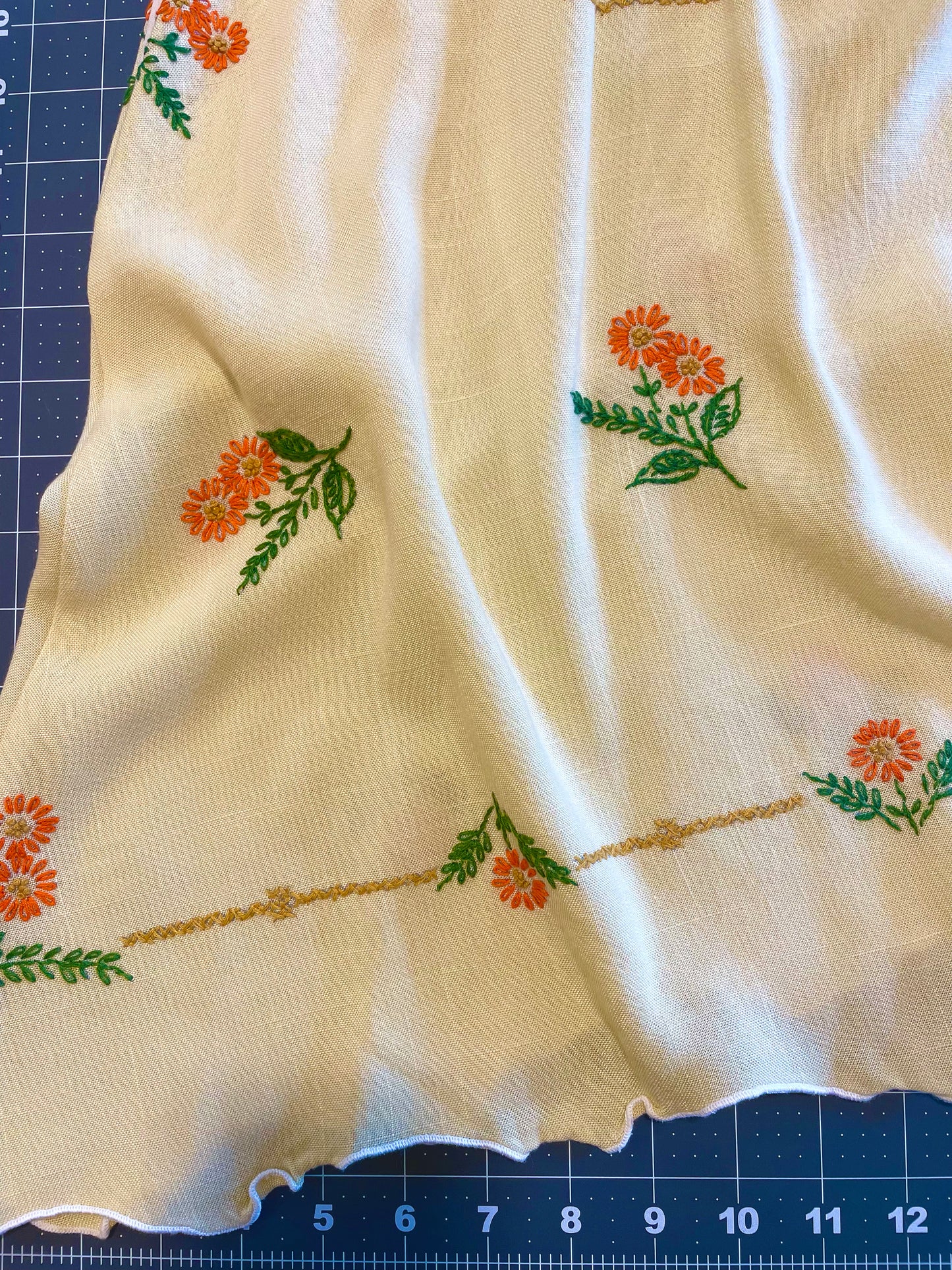 *Ray of Sunshine* ~ Hand Embroidered Vintage Tablecloth Dress ~ Size XS