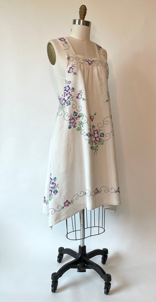 *Posy of Violets* ~ Vintage Hand Embroidered Linen Tablecloth Dress ~ Size XS