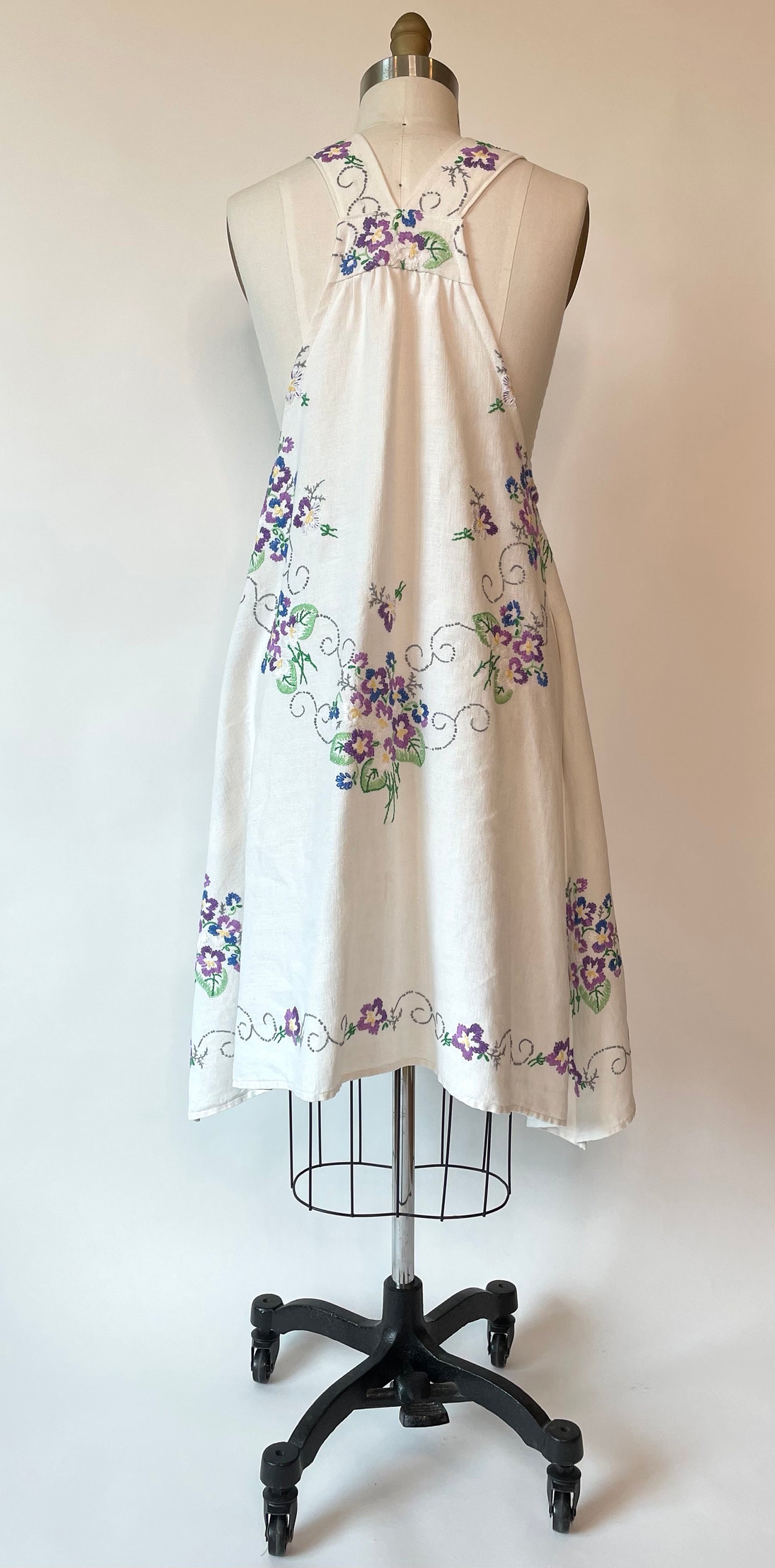 *Posy of Violets* ~ Vintage Hand Embroidered Linen Tablecloth Dress ~ Size XS