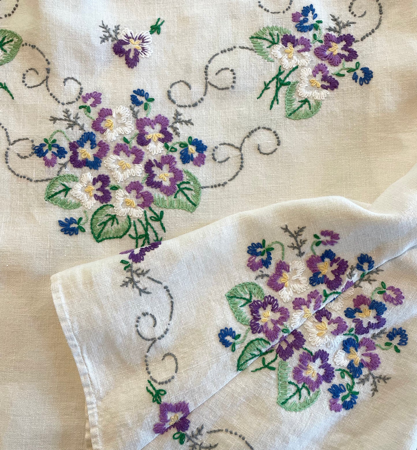 *Posy of Violets* ~ Vintage Hand Embroidered Linen Tablecloth Dress ~ Size XS