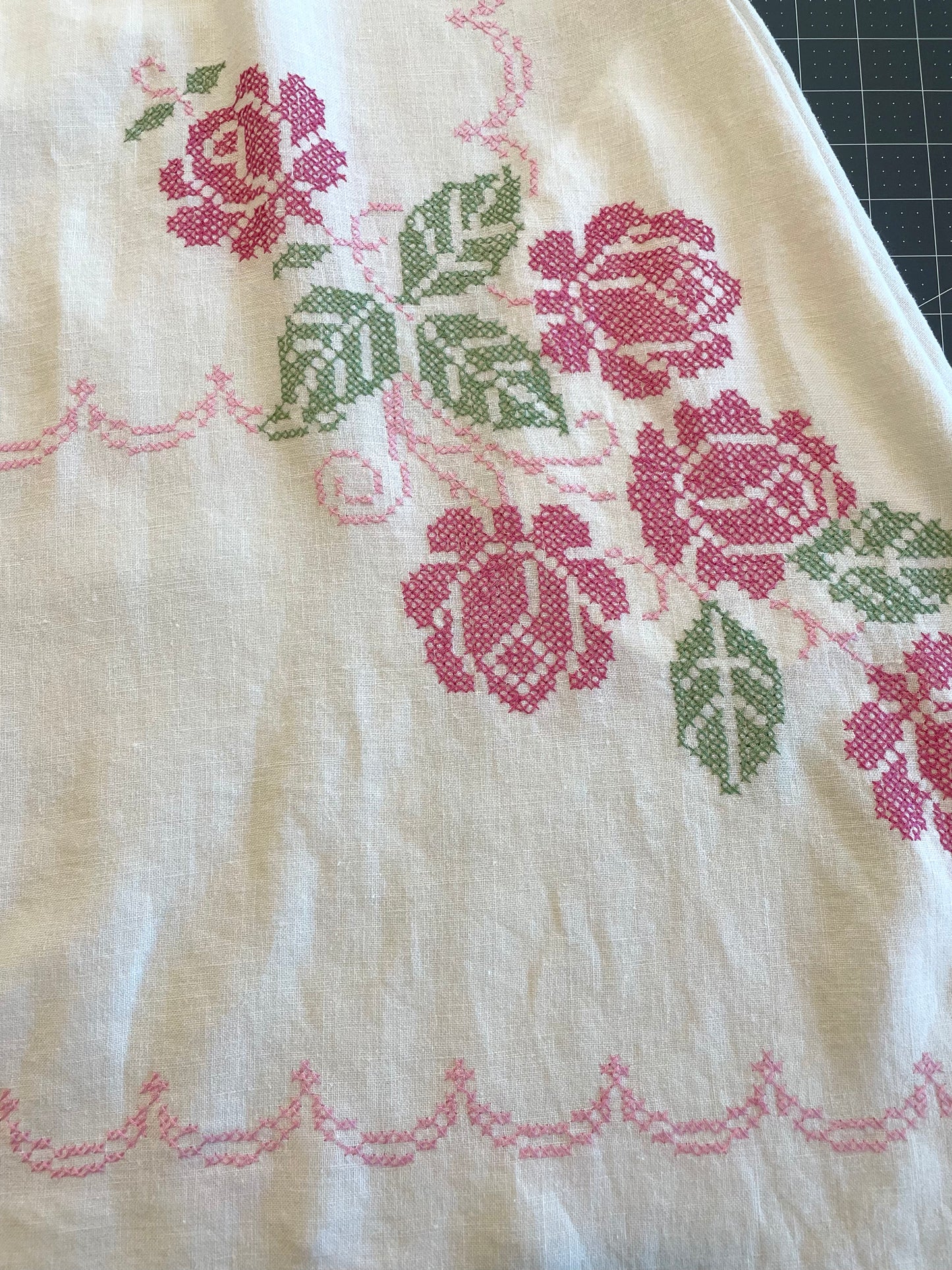 *Stroll Through the Rose Garden* ~ Vintage Hand Embroidered Linen Tablecloth Dress ~ Size XL