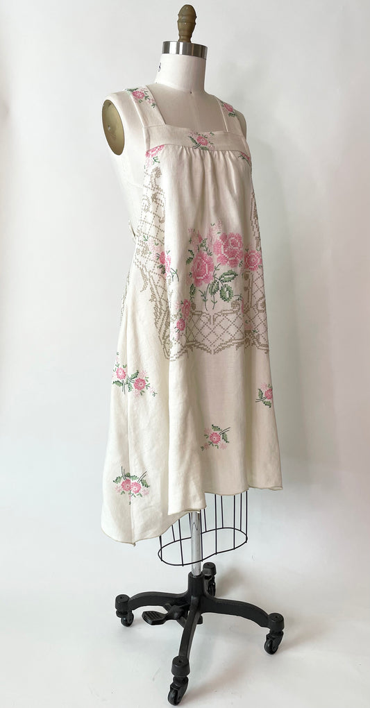 *Rose Garden* ~ Hand Embroidered Vintage Linen Tablecloth Dress ~ Size S