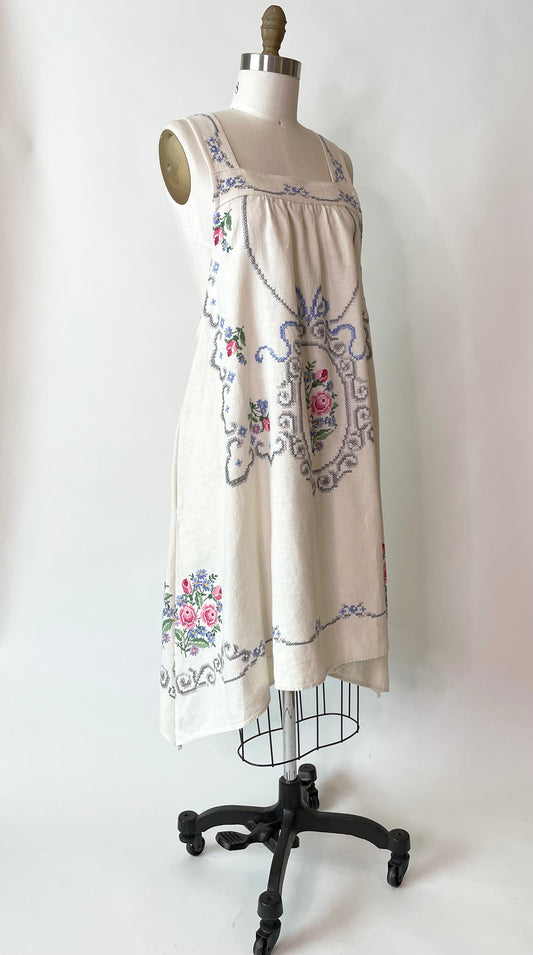 *Vintage Locket* ~ Hand Embroidered Linen Tablecloth Dress ~ Size L