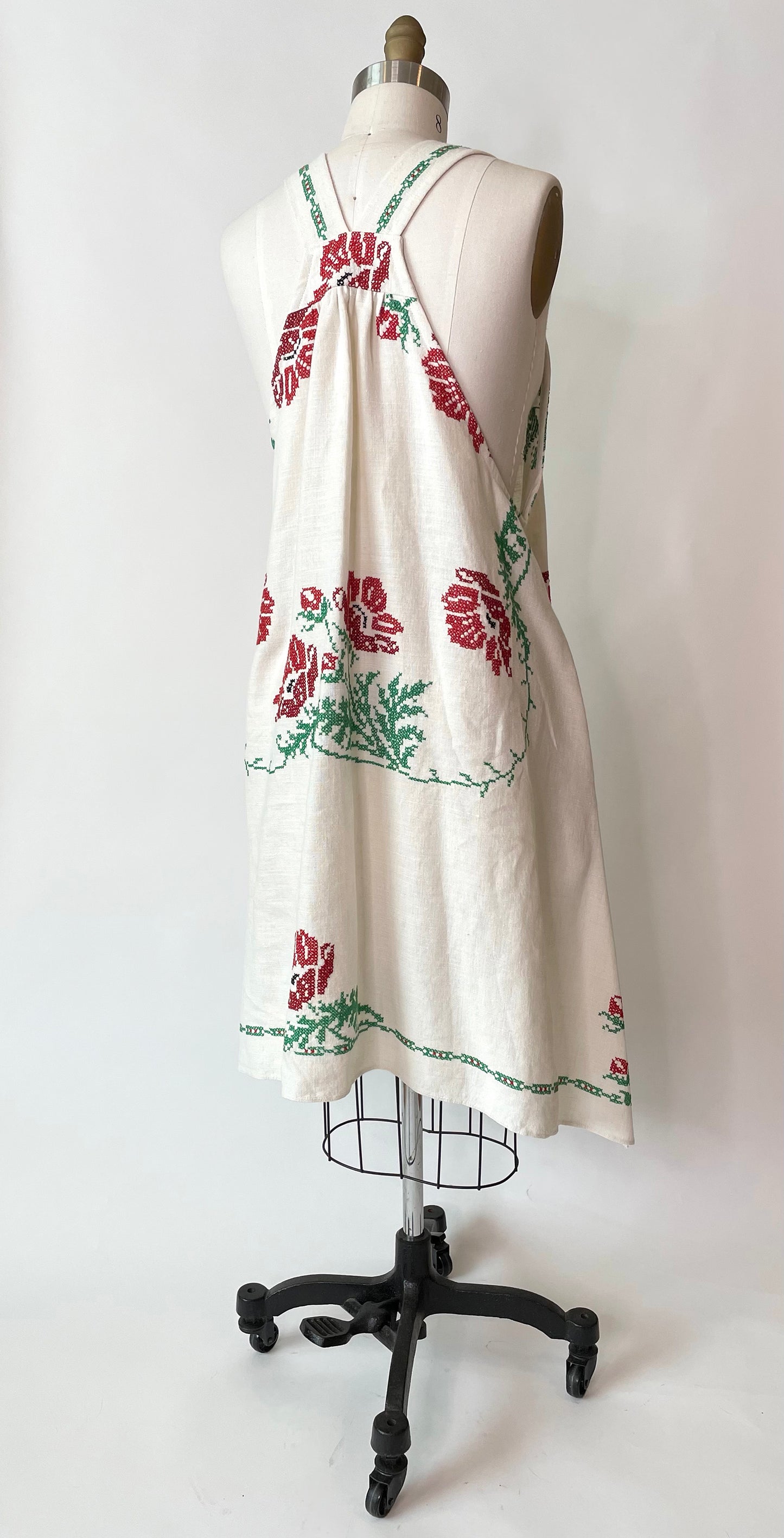 *Field of Ruby Red Poppies* ~  Hand Embroidered Vintage Linen Tablecloth Dress ~ Size M