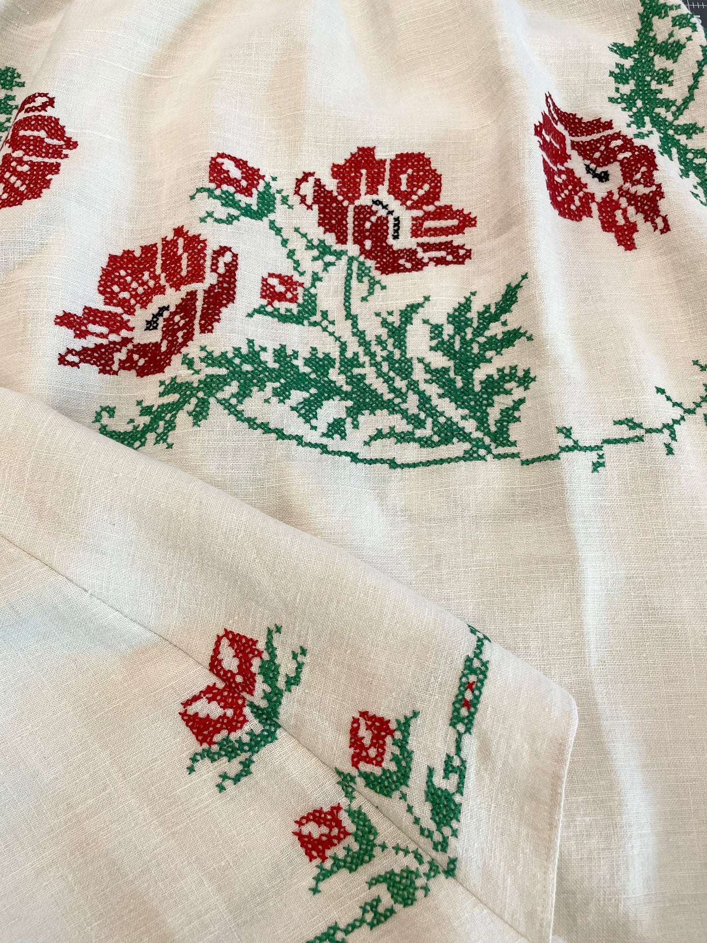 *Field of Ruby Red Poppies* ~  Hand Embroidered Vintage Linen Tablecloth Dress ~ Size M