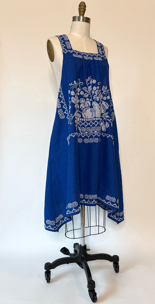 *Harvest Festival* ~ Indigo Blue Vintage Hand Embroidered Linen Tablecloth Dress ~ Size S