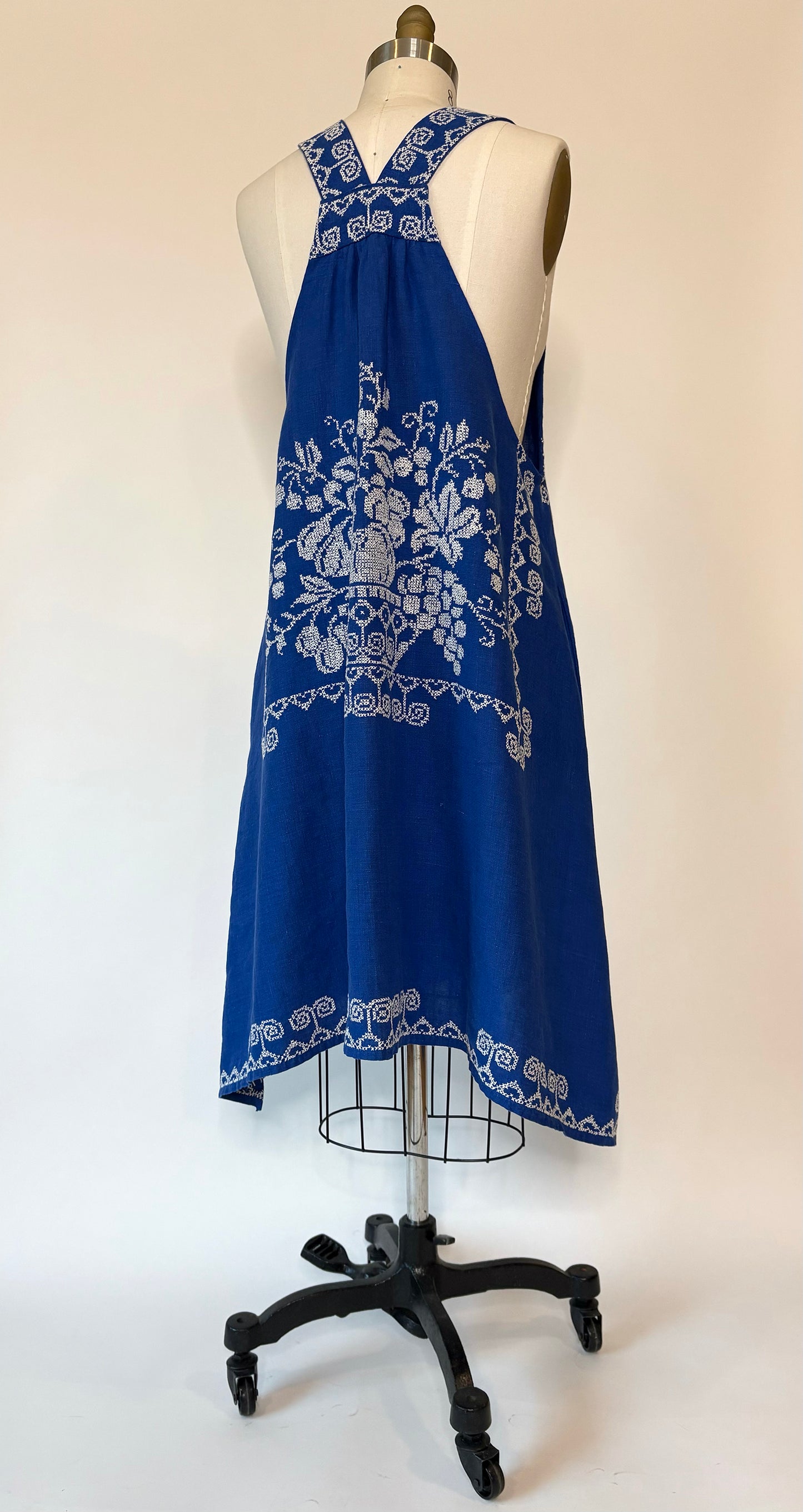 *Harvest Festival* ~ Indigo Blue Vintage Hand Embroidered Linen Tablecloth Dress ~ Size S