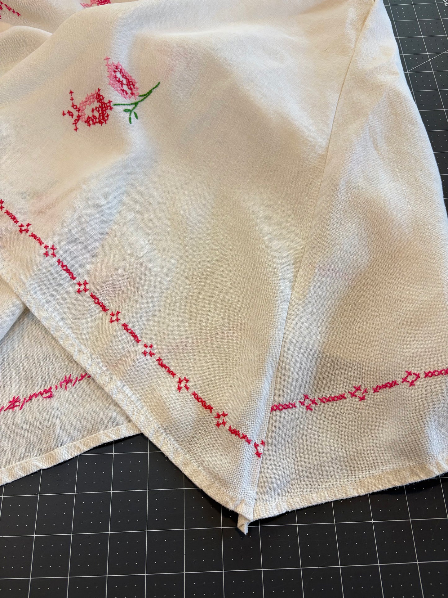 *Stroll Through the Rose Garden* ~ Vintage Hand Embroidered Linen Tablecloth Dress ~ Size 2X