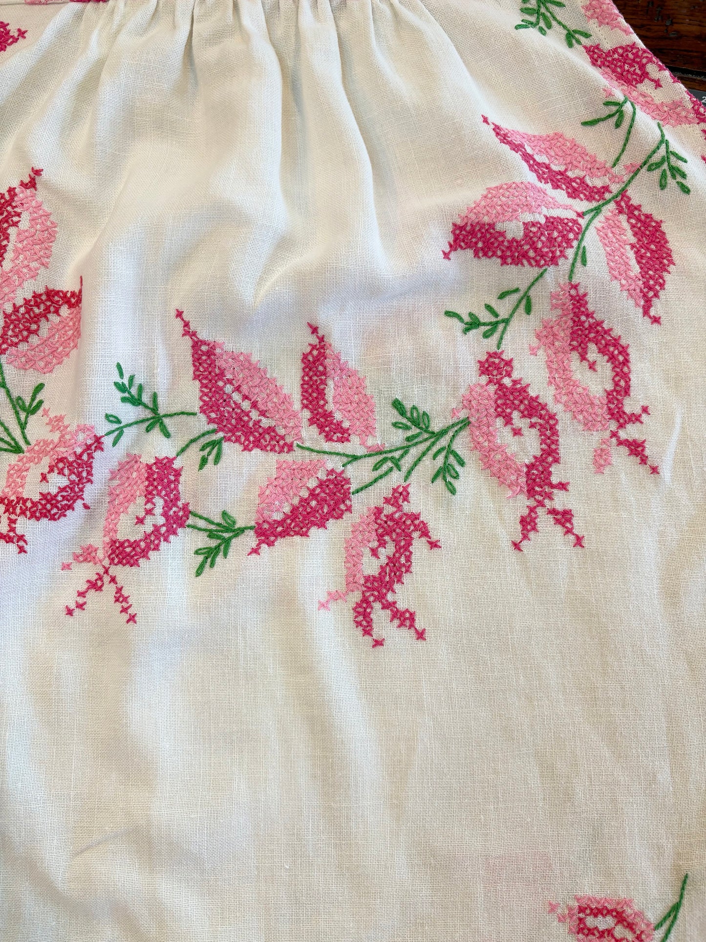*Stroll Through the Rose Garden* ~ Vintage Hand Embroidered Linen Tablecloth Dress ~ Size 2X
